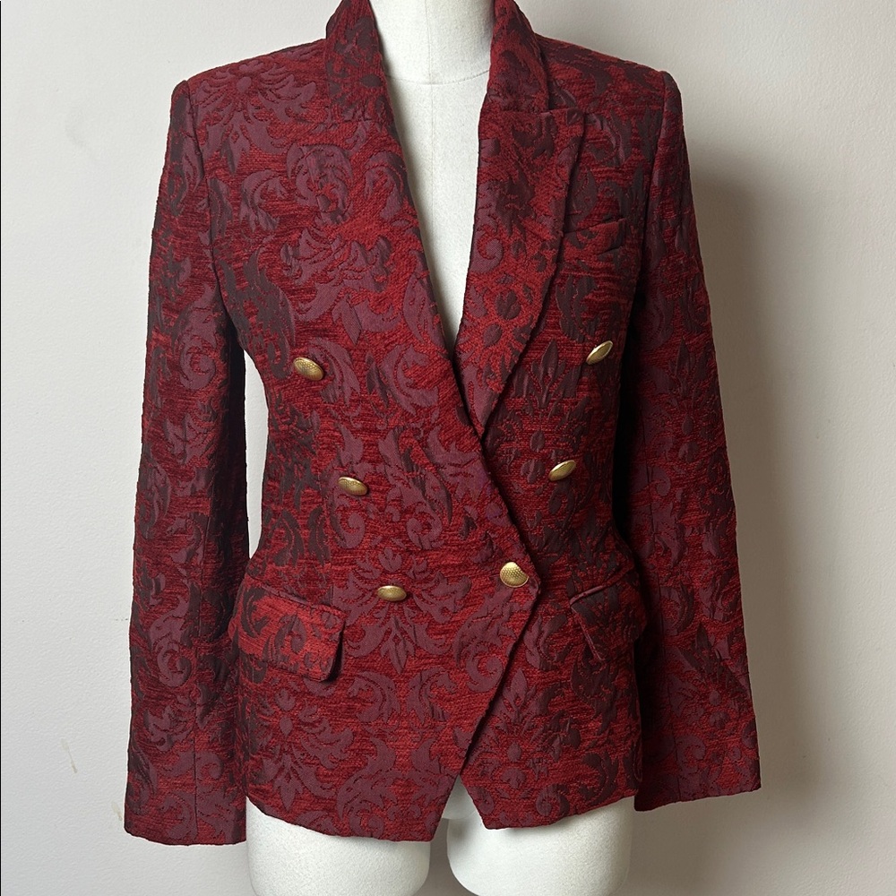 L'Agence Blazer Red Velvet Textured Gold Button Double Breasted Blazer size 2
